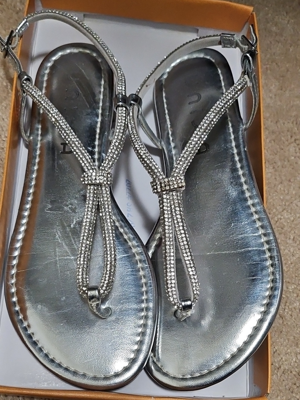 Women's Silver Rhinestone T-Strap Sandals 7 Dressy